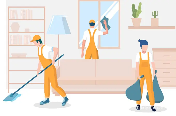 Cartoon illustration of three cleaners mopping the floor, washing windows, and taking out trash in a living room – representing a professional full-house cleaning service.

