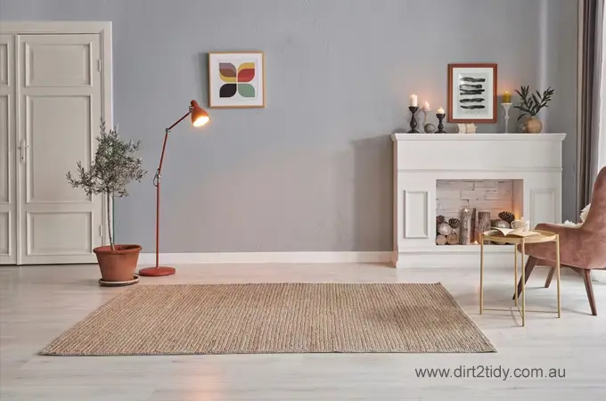 Spacious and tidy living room with a simple jute rug, modern furniture, and minimalist decor – showcasing the result of professional home cleaning.

