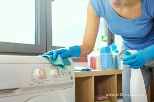 Who is the best end of lease cleaning in Randwick? 2 Close-up of a woman in blue gloves using a spray bottle and cloth to clean a washing machine – showcasing attention to detail in appliance cleaning by Dirt2Tidy.