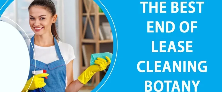 A smiling woman in uniform holding cleaning tools with text promoting top-rated end-of-lease cleaning in Botany.