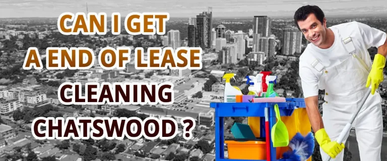 A smiling cleaner holding equipment in front of a city skyline with text asking about end-of-lease cleaning in Chatswood.