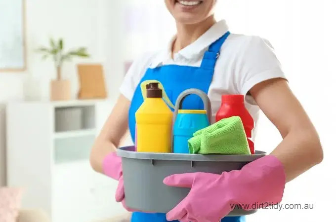 Smiling woman in apron and pink gloves holding a tub of cleaning products.