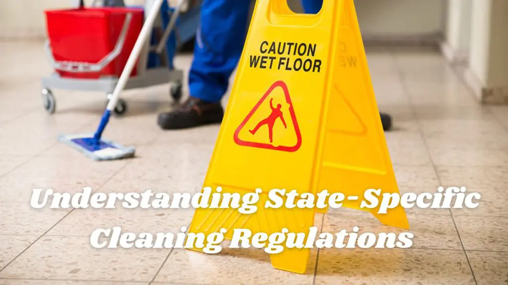 Yellow wet floor sign with cleaner mopping in the background.