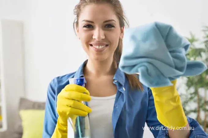 Woman holding spray bottle and cleaning cloth while smiling.