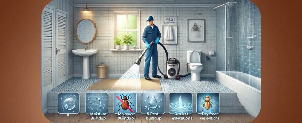 Cleaner treating bathroom for moisture buildup, pest control, and hygiene issues.