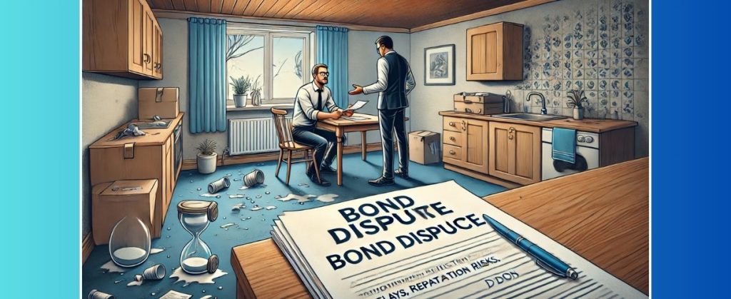 Illustration of a rental bond dispute with a messy room and two men discussing.