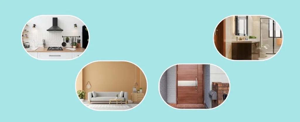  Four key home areas shown including kitchen, living room, bathroom, and entrance.

