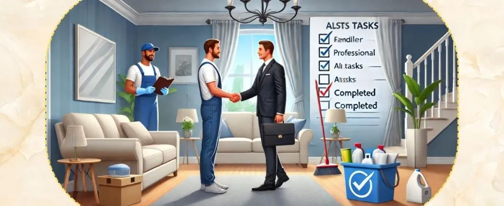 Cleaners shaking hands with satisfied client after completing all end-of-lease tasks.