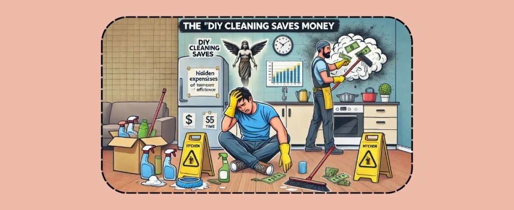 Cartoon showing hidden expenses and effort of DIY cleaning vs perceived savings.