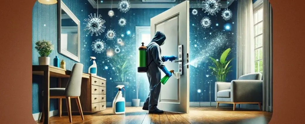 Professional in protective gear disinfecting home entrance from viruses and germs.