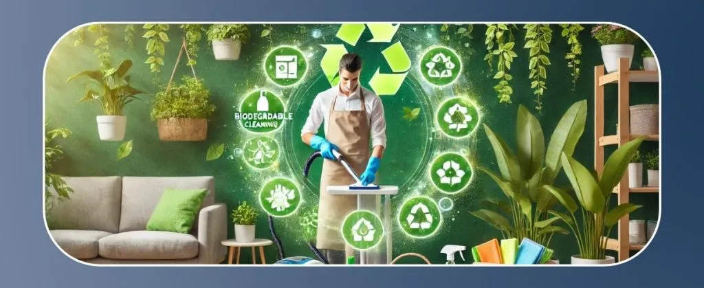 How End of Lease Cleaning Has Changed Over the Years 3 Cleaner using eco-friendly products surrounded by green biodegradable and recycling icons.