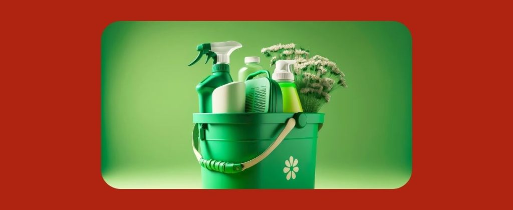Green cleaning bucket with eco-friendly spray bottles and brushes.
