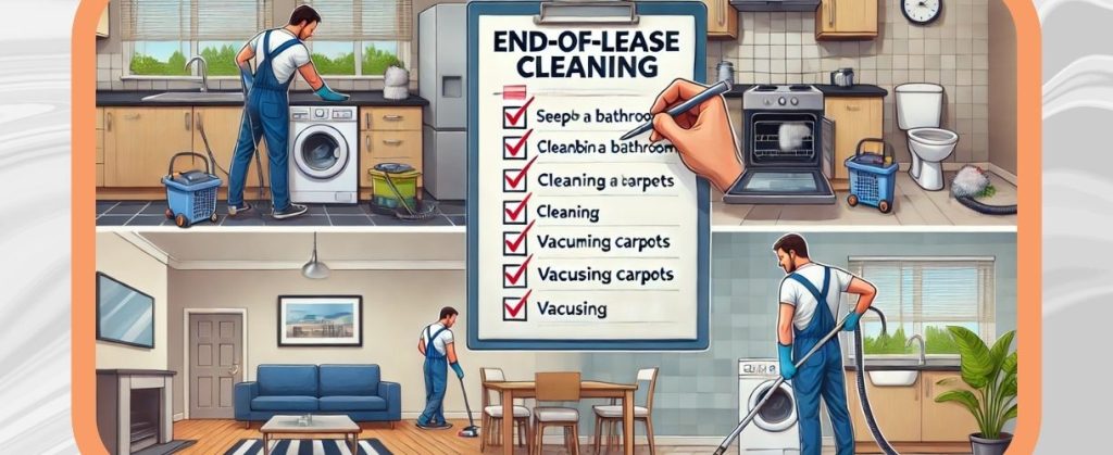 How End of Lease Cleaning Differs from Routine Cleaning 4 Cleaner performing tasks from a detailed end-of-lease cleaning checklist including bathroom, carpets, and vacuuming.