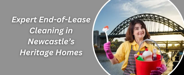 Woman with cleaning supplies in front of Newcastle bridge, emphasizing heritage home cleaning.