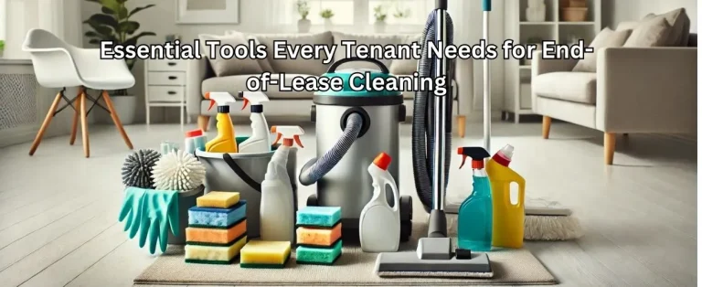 Vacuum, sprays, and sponges arranged in a living room as essential cleaning tools for tenants.
