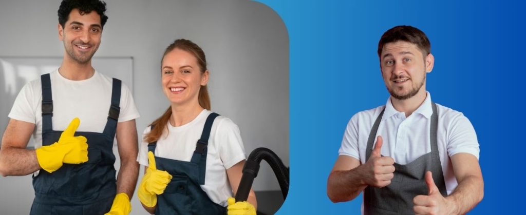 Cleaning team giving thumbs up with smiles and gloves on.