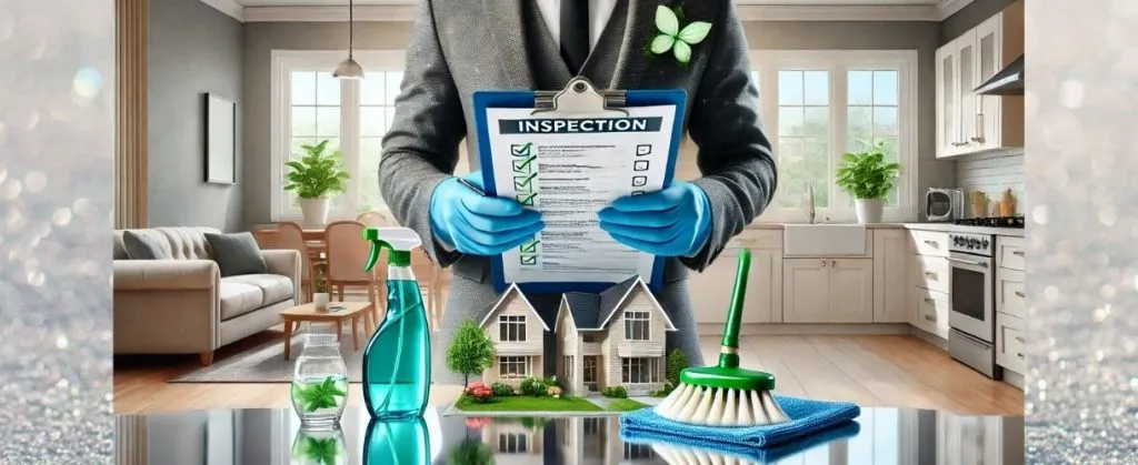 Illustration of a house inspection with cleaning tools and checklist.