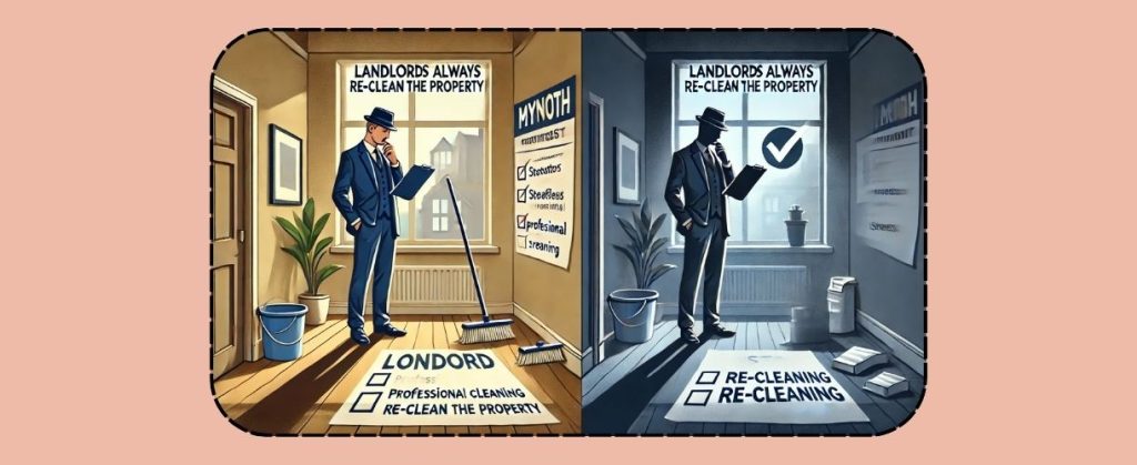Illustration comparing myth and reality of landlords re-cleaning professionally cleaned properties.

