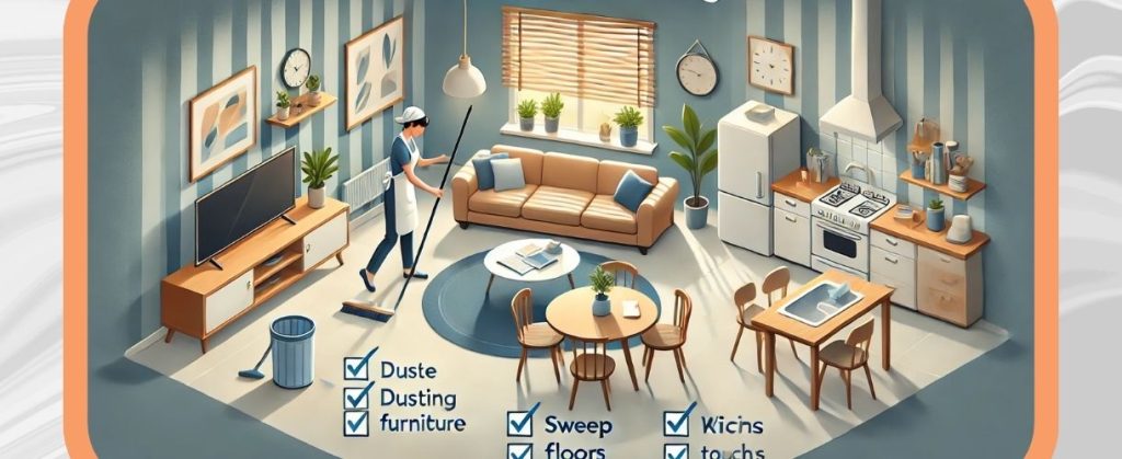 How End of Lease Cleaning Differs from Routine Cleaning 3 Cleaner tidying a neat living and kitchen space with checklist tasks like dusting, sweeping, and touch-ups.