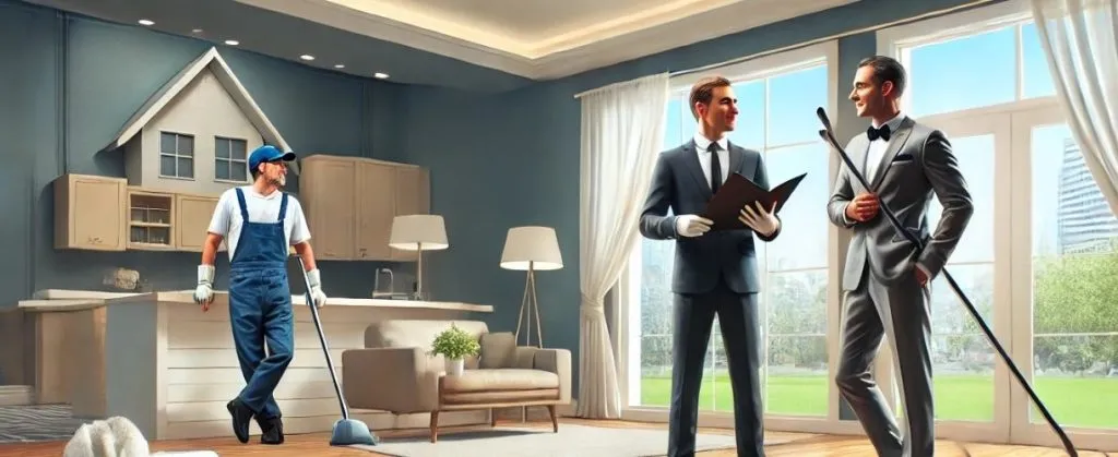 Cleaners delivering high-end end-of-lease cleaning service in a premium home setting.