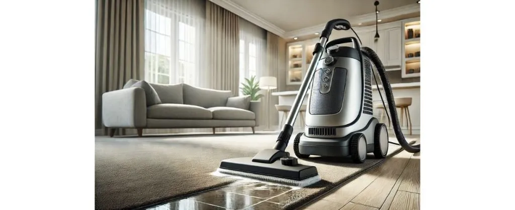 High-tech vacuum cleaner on carpet in a stylish living room.