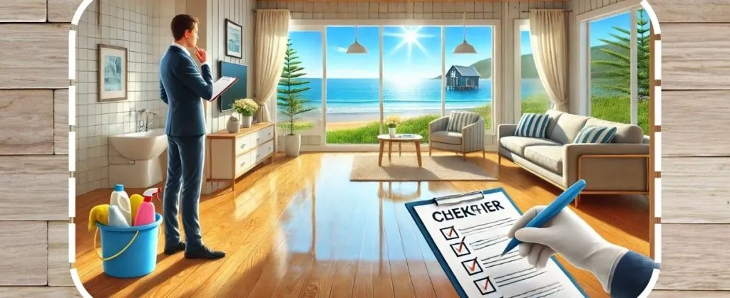 Man inspecting a beachside property with a checklist and cleaning supplies.