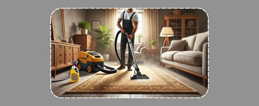 Professional using steam cleaner on carpet in a cozy living room.