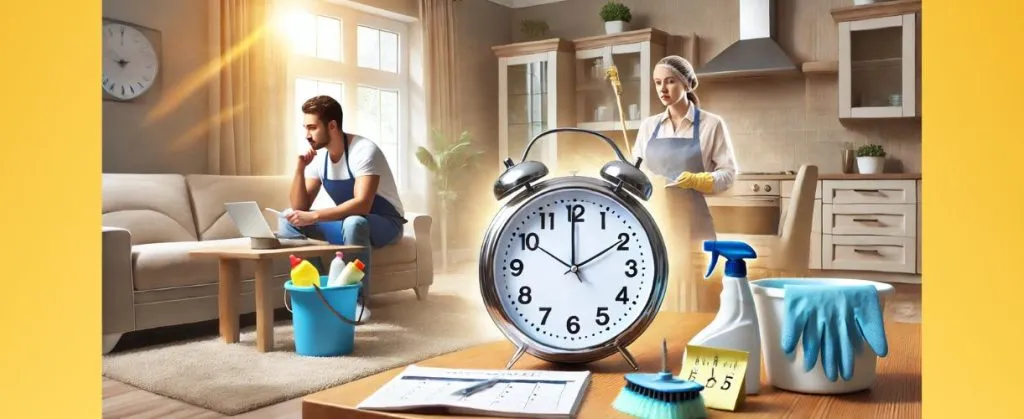 Cleaner working while a man relaxes, showing efficient and on-time bond cleaning service.
