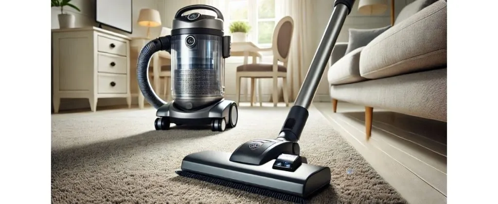 Vacuum cleaner on soft carpet in a cozy home setting.