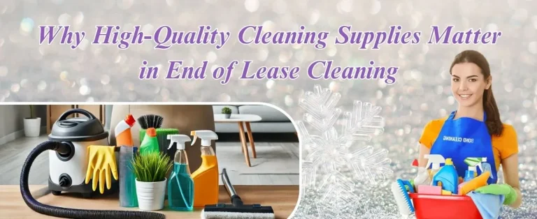 A smiling cleaner holding a bucket with supplies, surrounded by premium cleaning products, emphasizing the importance of quality.