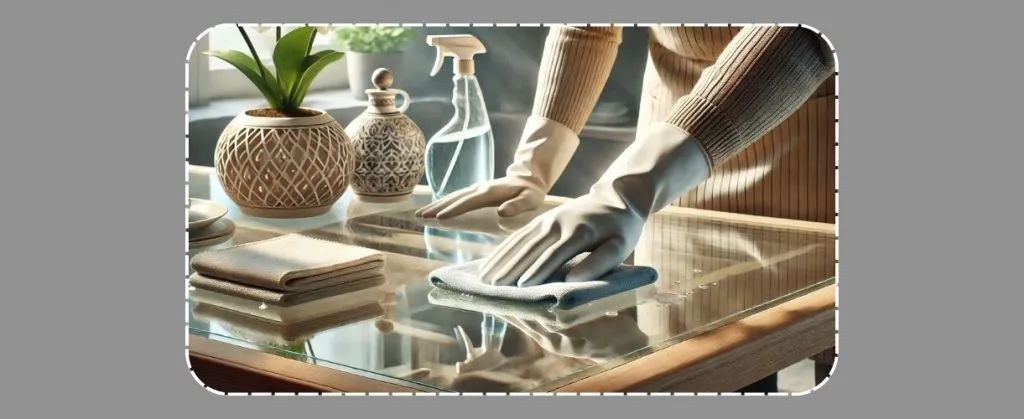 Person wearing gloves cleaning a glass table with spray and microfiber cloth.