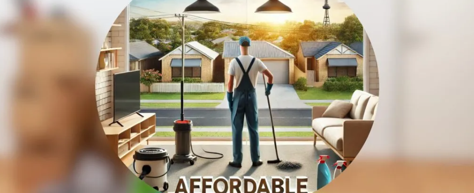 Cleaner standing in a tidy living room looking out to a suburban neighborhood with cleaning tools.