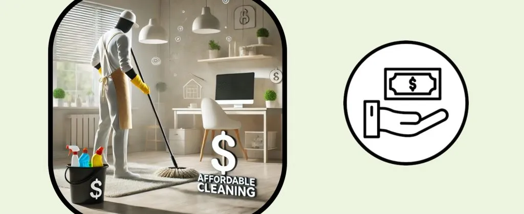 Top 10 Suburbs for Affordable End of Lease Cleaning in Sydney 3 Professional cleaner mopping a home office space with affordable service icons and supplies.