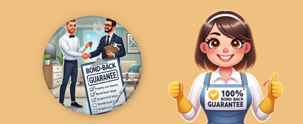Cleaners confidently offering 100% bond back guarantee with handshake and checklist.