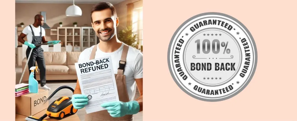 Smiling cleaner holding a bond refund confirmation with 100% guarantee badge beside.