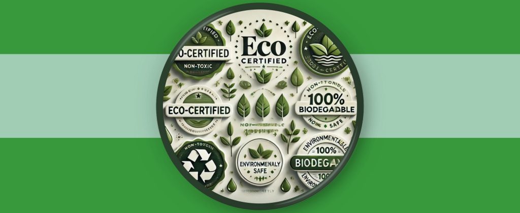  Various eco-certified and biodegradable product labels promoting non-toxic cleaning.