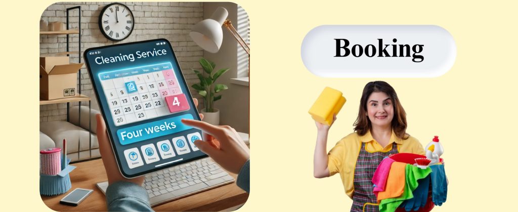  Person scheduling a cleaning service on a digital calendar while a happy cleaner holds supplies.