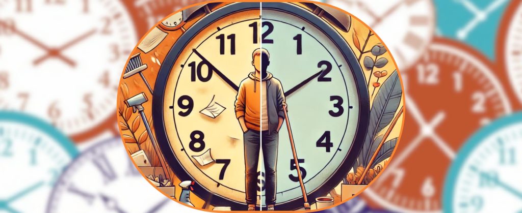 Person standing in front of a large clock representing time pressure and cleaning tasks.