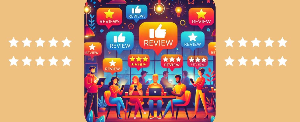 Happy customers sharing positive feedback and five-star reviews online.