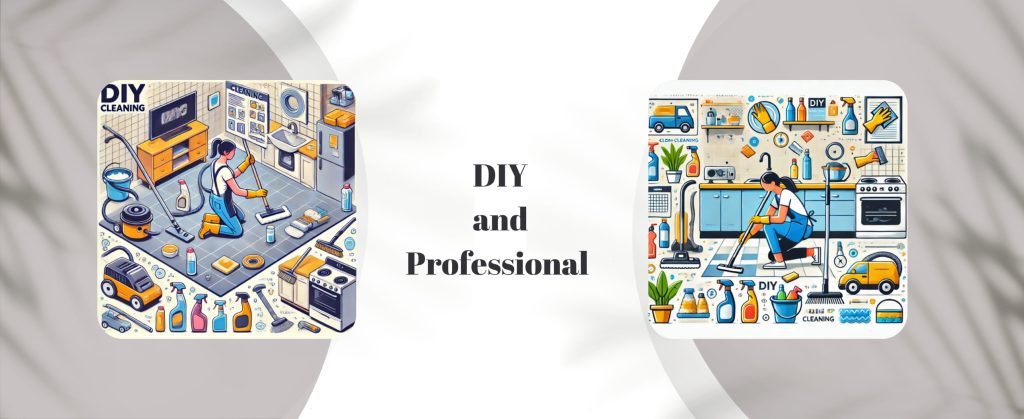 Comparison between DIY and professional cleaning setups with various tools and products.