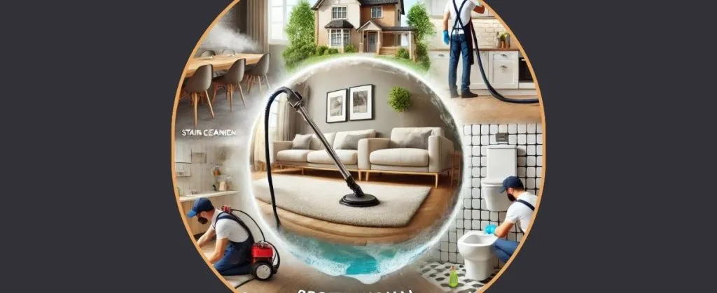 Comprehensive home cleaning including kitchen, bathroom, carpets, and stain removal