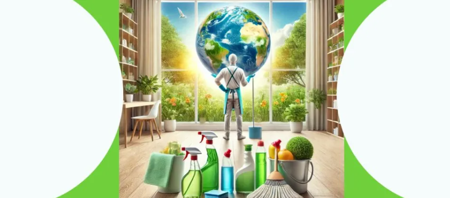 Cleaner looking at the Earth through a window surrounded by eco-friendly cleaning products.