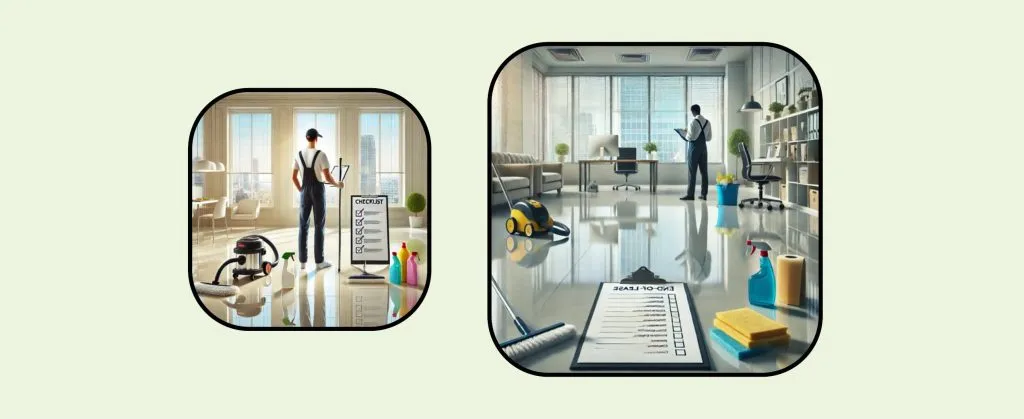 Top 10 Suburbs for Affordable End of Lease Cleaning in Sydney 4 Cleaners preparing an office space with an end-of-lease checklist and cleaning tools.