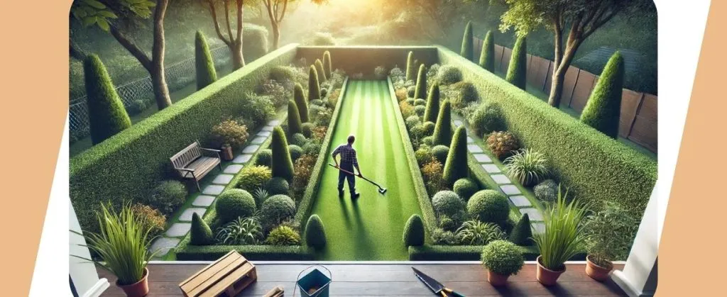 How Seasonal Changes Impact End of Lease Cleaning Needs 3 Gardener maintaining a perfectly trimmed and landscaped backyard lawn.