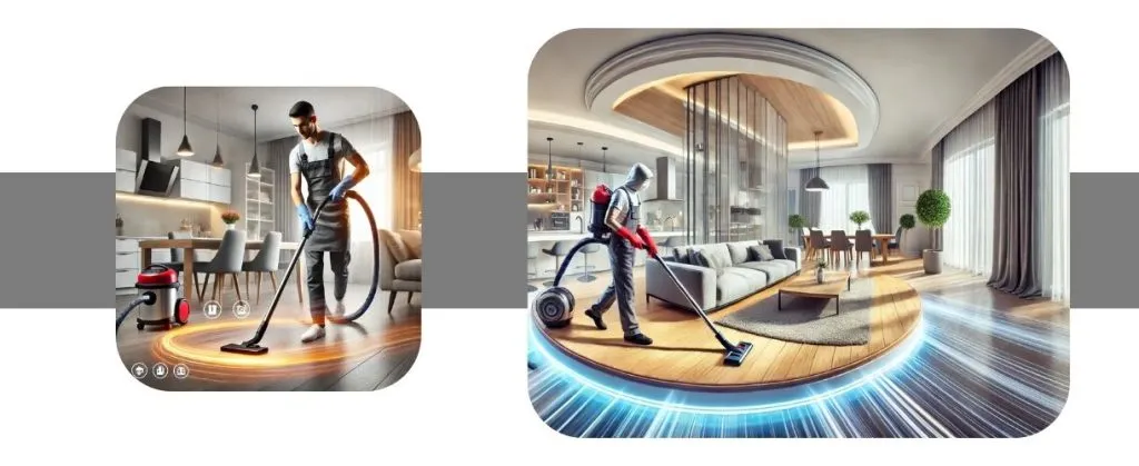 Advanced vacuum cleaning in stylish living space with futuristic cleaning visuals.