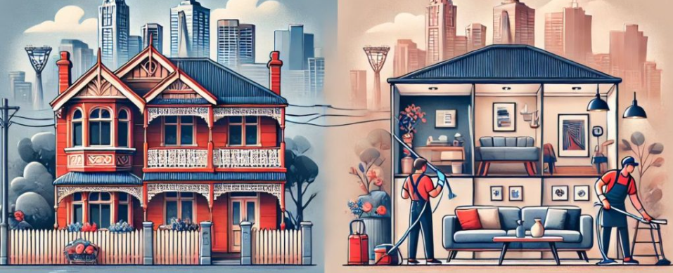 Cleaners working inside a detailed cross-section of a house in the city.