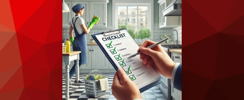 Cleaner ticking off completed kitchen cleaning tasks from a detailed checklist