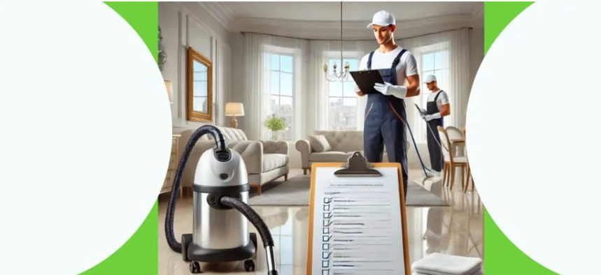 Cleaners inspecting and ticking off a cleaning checklist in a bright and tidy living room.