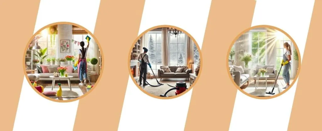 How Seasonal Changes Impact End of Lease Cleaning Needs 4 Sequence of professional cleaners tidying a bright, cozy living room.