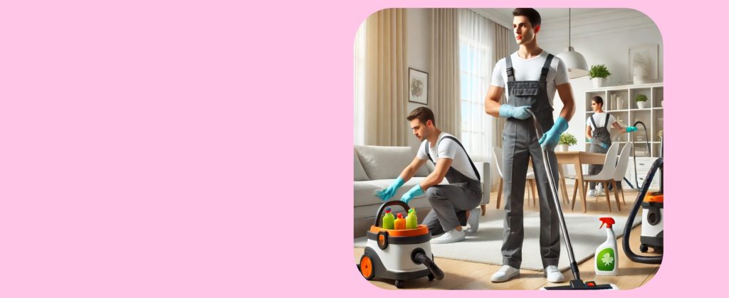 Team of professional cleaners working together to clean a bright modern living space.